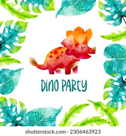 Cute Watercolor Triceratops Dinosaur Vector Card Background  