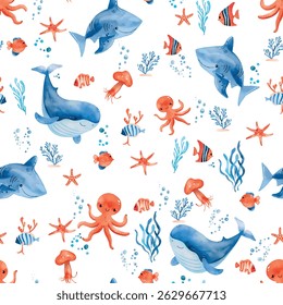 Cute Watercolor Underwater Animals Seamless Pattern for Kids