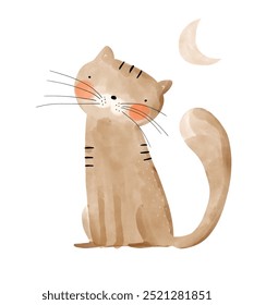 Cute Watercolor Vector Print with Happy Brown Cat and Moon. Funny Kitty ​on a White Background. Lovely Hand Drawn Nursery Art with Sweet Kitten ideal for Kids' Room Decoration. Little Tiger. RGB.