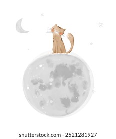 Cute Watercolor Vector Print with Happy Brown Cat and Moon. Funny Kitty ​on a White Background. Lovely Hand Drawn Nursery Art with Sweet Kitten Sitting on the Moon. Kids' Room Decoration. RGB.