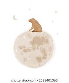 Cute Watercolor Vector Print with Happy Brown Bear and Moon. Funny Bear Cub ​on a White Background. Lovely Hand Drawn Nursery Art with Sweet Teddy Bear Sitting on the Moon. Kids' Room Decoration. RGB.