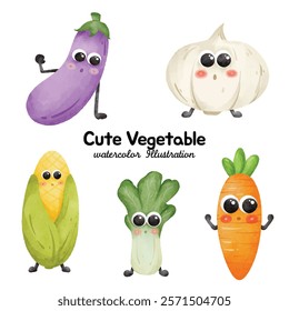 Cute Watercolor Vegetable Cartoon Illustration Set Featuring Adorable Eggplant, Garlic, Corn, Bok Choy, and Carrot Characters – Hand-Drawn Food Clipart for Kids, Kitchen Decor, Recipe Design, and Heal