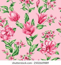 Cute watercolor vibrant colorful garden pink lily floral leaves illustration background seamless pattern repeat print textile fabric vector artwork