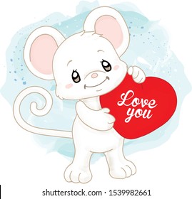 Cute watercolor white mouse with heart cushion