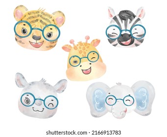 cute watercolor wildlife animal wrearing eyeglasses, nerdy woodland tiger, zebra, rhino, giraffe, elephant nursery hand drawn illustration vector