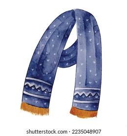 Cute watercolor winter scarf for kids or young girl or man clipart vector with blue and gold color for winter element decoration for scrapbooking or poster or greeting card or sticker or printables