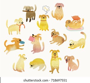 Cute Watercolor yellow dogs. Vector illustration.