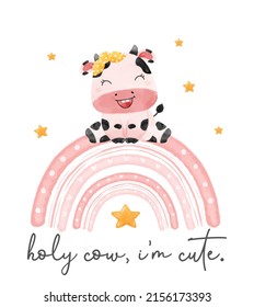 Cute Watercolour Baby Cow Girl Farm Animal Sitting On Pink Rainbow, Nursery Cartoon Hand Drawn Illustration