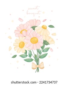 cute watercolour pink and white cream daisy flowers bouquet with green leaf  hand draw illustration vector