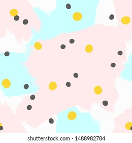 Cute watercolour seamless pattern with brush strokes and round spots. Paint, sketch, watercolor, graffiti. Vector illustration.