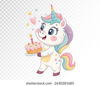 Cute watercolour Unicorn with Birthday Cake Vector Illustration for Celebration Themes in Pastel Colors for Kids Party Decor