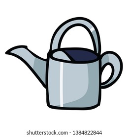 Cute watering can cartoon vector illustration motif set. Hand drawn for domestic gardening blog icons. Botanical equipment graphics. Horticulture web buttons.