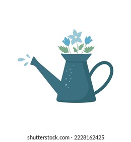 Cute watering can with flowers and drops of water. vector illustration