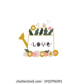 Cute watering can with flowers and floral elements isolated on white. Greeting card, poster, placard.  Hand drawn cartoon vector illustration. Love concept.