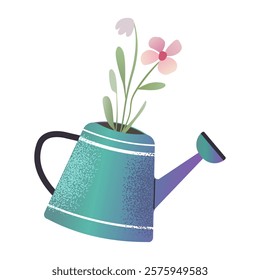 Cute watering can with flowers. Gardening equipment. Botanical, spring design element