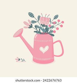 Cute watering can with flowers. Cute springtime flat hand drawn cartoon style vector illustration