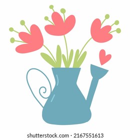 Cute watering can with flowers. Vector doodle illustration. Postcard decor element.