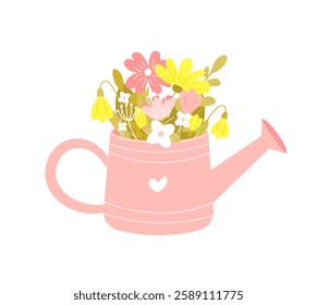 Cute watering can with flowers vector isolated on white background. Hand drawn flat cartoon style. Spring season and Happy Mother's day concept. Beautiful flower bouquet