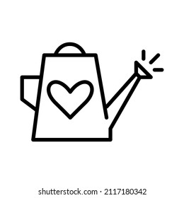 Cute watering can with a heart on it. Watering flowers and plants in a garden. Pixel perfect, editable stroke icon