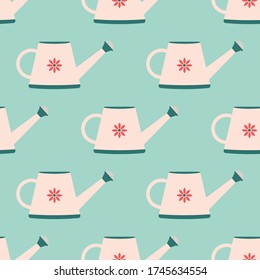 Cute watering can seamless repeat vector pattern for wrapping paper, wallpaper, background, fabric, textile. Gardening pattern.