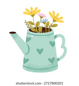 Cute Watering Can with Spring Flowers. Watering can filled with colorful spring flowers, cozy garden themed artwork isolated on white background.