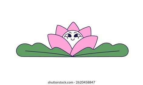 Cute waterlily with happy emotions on face in retro groovy style. Funky water lily with joyful facial expression. Summer flower, lilly smiles. Flat isolated vector illustration on white background