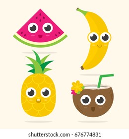 Cute Watermelon, Banana, Pineapple And Coconut With Happy Faces