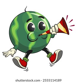 cute watermelon cartoon character blow the party horn trumpet, watermelon mascot cute cartoon characters for icon, mascot, logo, label, poster, banner, print, sticker, clip art