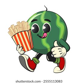 cute watermelon cartoon character brought a box of french fries, watermelon mascot cute cartoon characters for icon, mascot, logo, label, poster, banner, print, sticker, clip art