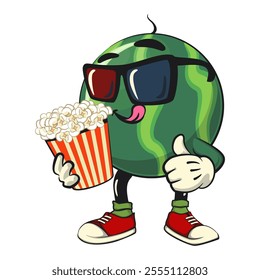 cute watermelon cartoon character with a bucket of popcorn with wearing 3d glasses, watermelon mascot cute cartoon characters for icon, mascot, logo, label, poster, banner, print, sticker, clip art