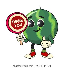 cute watermelon cartoon character carrying a sign saying thank you, watermelon mascot cute cartoon characters for icon, mascot, logo, label, poster, banner, print, sticker, clip art