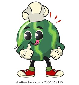 cute watermelon cartoon character as chef give thumbs up, watermelon mascot cute cartoon characters for icon, mascot, logo, label, poster, banner, print, sticker, clip art