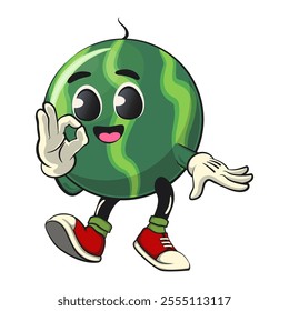 cute watermelon cartoon character dancing while giving the okay sign, watermelon mascot cute cartoon characters for icon, mascot, logo, label, poster, banner, print, sticker, clip art