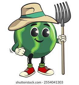 cute watermelon cartoon character as farmer in hat with his fork, watermelon mascot cute cartoon characters for icon, mascot, logo, label, poster, banner, print, sticker, clip art