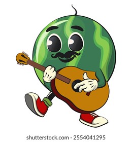 cute watermelon cartoon character with moustache playing guitar, watermelon mascot cute cartoon characters for icon, mascot, logo, label, poster, banner, print, sticker, clip art