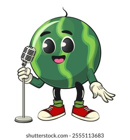 cute watermelon cartoon character on front of the mic become a stand up comedian, watermelon mascot cute cartoon characters for icon, mascot, logo, label, poster, banner, print, sticker, clip art