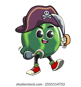 cute watermelon cartoon character as pirate with dagger, watermelon mascot cute cartoon characters for icon, mascot, logo, label, poster, banner, print, sticker, clip art