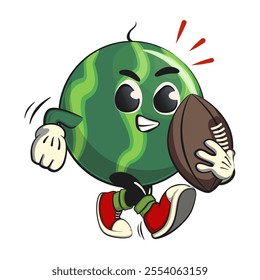 cute watermelon cartoon character playing rugby and american football, watermelon mascot cute cartoon characters for icon, mascot, logo, label, poster, banner, print, sticker, clip art