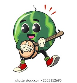 cute watermelon cartoon character playing the banjo musical instrument, watermelon mascot cute cartoon characters for icon, mascot, logo, label, poster, banner, print, sticker, clip art