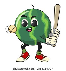 cute watermelon cartoon character playing baseball ready to hit the ball with the bat, watermelon mascot cute cartoon characters for icon, mascot, logo, label, poster, banner, print, sticker, clip art