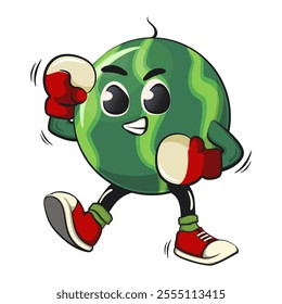 cute watermelon cartoon character practicing boxing wearing boxing glove, watermelon mascot cute cartoon characters for icon, mascot, logo, label, poster, banner, print, sticker, clip art