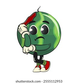 cute watermelon cartoon character sad because bitten, watermelon mascot cute cartoon characters for icon, mascot, logo, label, poster, banner, print, sticker, clip art