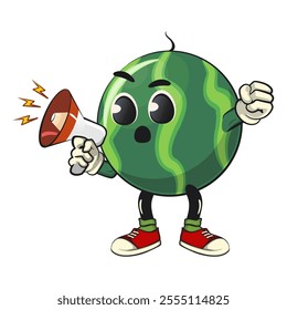 cute watermelon cartoon character shouting with a loudspeaker, watermelon mascot cute cartoon characters for icon, mascot, logo, label, poster, banner, print, sticker, clip art
