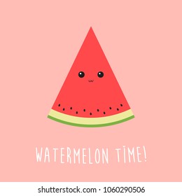 Cute watermelon cartoon character with small shiny face in flat design and watermelon time text.