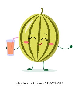 Cute watermelon cartoon character with a smartphone and does selfie. Vector illustration, a flat style.
