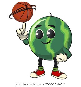 cute watermelon cartoon character spin the basketball with the index finger, watermelon mascot cute cartoon characters for icon, mascot, logo, label, poster, banner, print, sticker, clip art