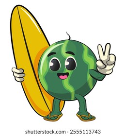 cute watermelon cartoon character with surfboard and gave a peace sign, watermelon mascot cute cartoon characters for icon, mascot, logo, label, poster, banner, print, sticker, clip art