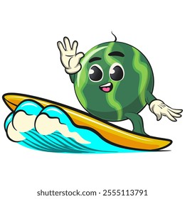 cute watermelon cartoon character surfing riding the waves, watermelon mascot cute cartoon characters for icon, mascot, logo, label, poster, banner, print, sticker, clip art