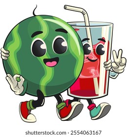 cute watermelon cartoon character walk with a glass juice ice character while giving a peace and giving an ok sign, watermelon mascot cute cartoon for icon, mascot, logo, poster, sticker, clip art