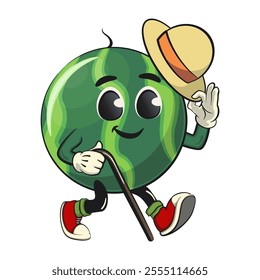 cute watermelon cartoon character walk with a stick and saluting with raised hat, watermelon mascot cute cartoon characters for icon, mascot, logo, label, poster, banner, print, sticker, clip art